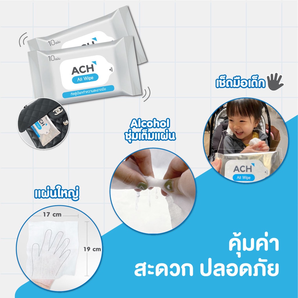 เกี่ยวกับ ACH All Wipe ทิชชู่เปียกแอลกอฮอล์ 75% Alcohol Wipe จำนวน 4 ห่อ