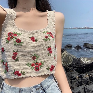 🌹Romance Top🌹 พร้อมส่ง เสื้อครอปไหมพรมถัก ปักลายดอกกุหลาบจิ๋วๆน่ารักๆ