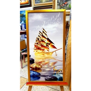 กรอบรูปเรือสำเภาสีทองเสริมสิริมงคลโชคลาภบารมีกิจการร้านค้า(ขนาด30×60cm)