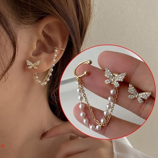 Cute Rhinestone Butterfly Stud Earrings for Women Girls Fashion Metal Chain Earrings Jewelry
