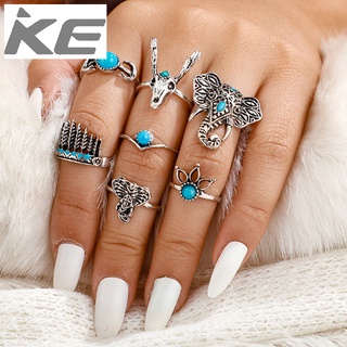 Accessories Animal Deer Head Elephant Ring Set of 7 Feather Moon Turquoise Ring Set for girls