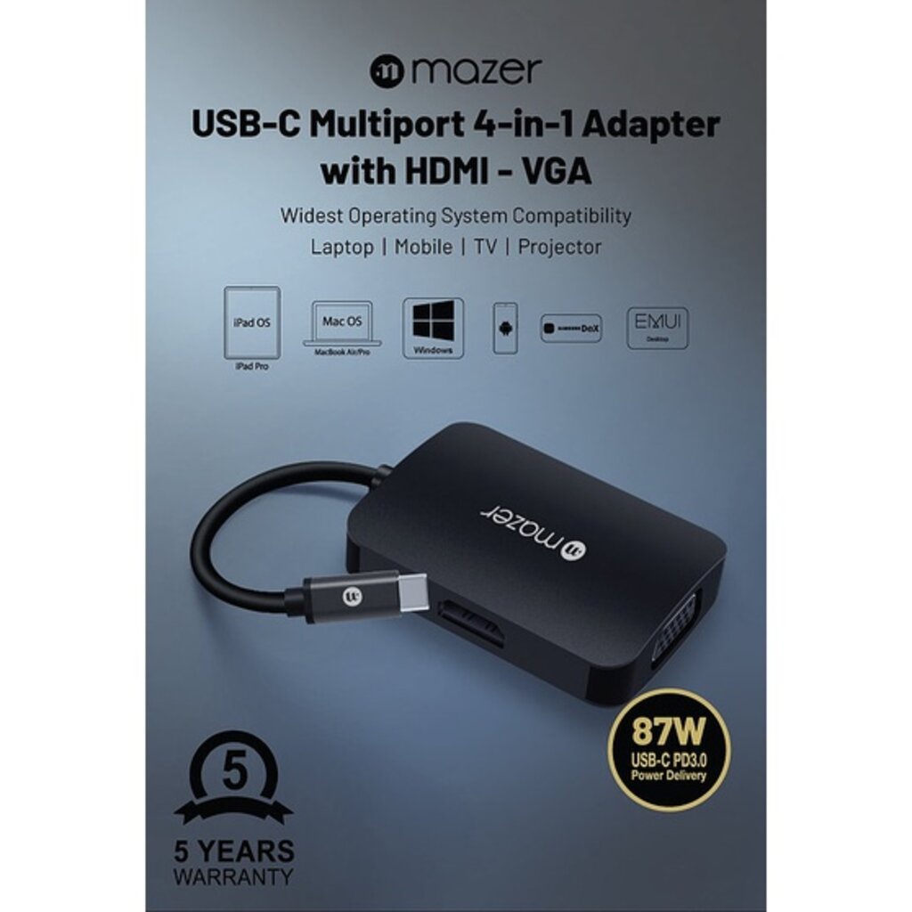 mazer-usb-c-multiport-4-in-1-adapter-อุปกรณ์เชื่อมต่อเกรดพรีเมี่ยม-รองรับ-อุปกรณ์อื่นๆที่รองรับ-usb-c