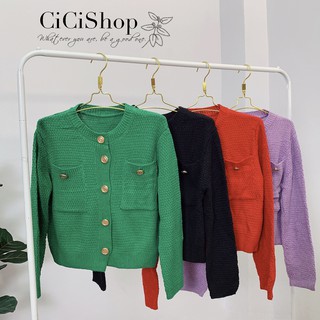 Cicishop(Z611)เสื้อคาดิแกนแขนยาวไหมพรมถัก แต่งกระเป๋า2ข้างกระดุมทอง ผ้าดีทองานสวย