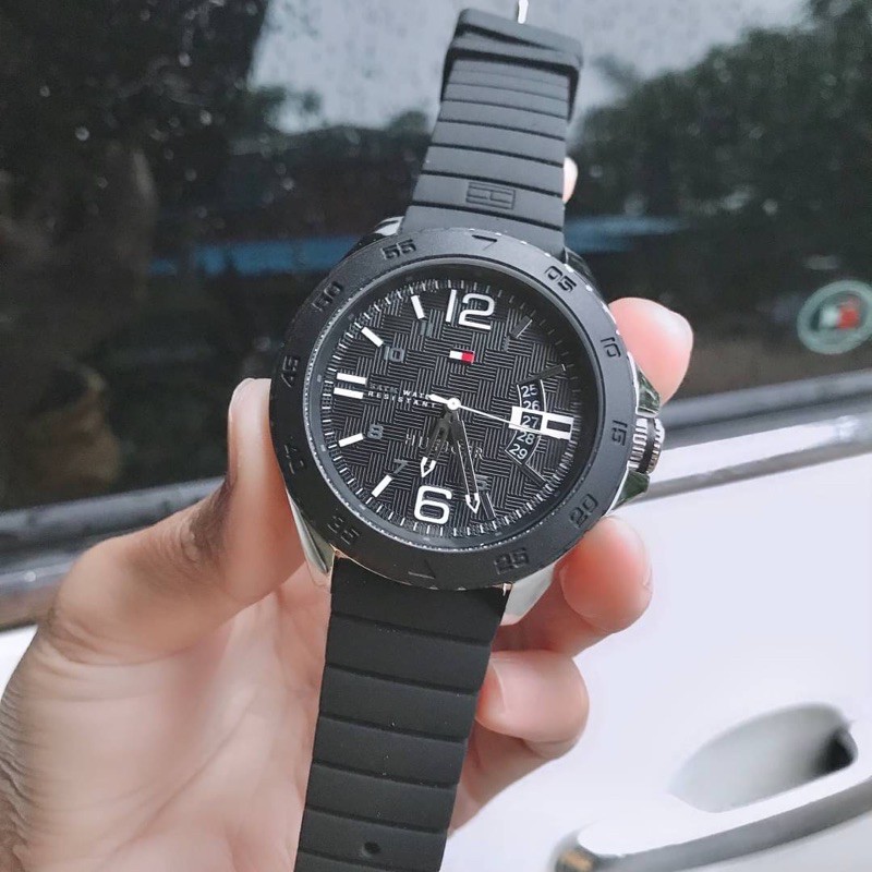 ผ่อน0-นาฬิกา-tommy-hilfiger-mens-1791203-casual-sport-analog-display-quartz-black-watch-สายซิลิโคนสีดำ