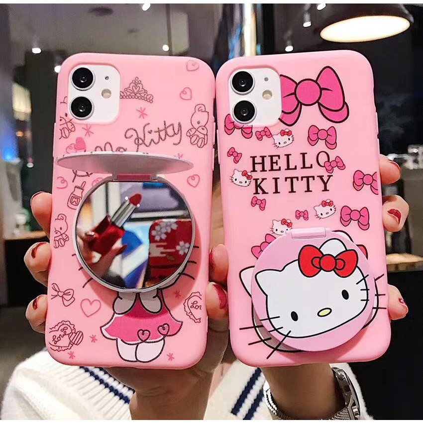 เคส-for-iphone-13-12-11-pro-x-xr-xs-max-8-8-7-7-6-6-6s-6s-plus-se-2020-cartoon-hello-kitty-soft-case-with-mirror-stand