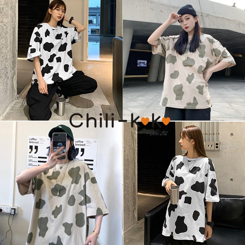 chili-k-k-11666-เสื้อยืดสกรีนลายวัว-oversize-เสื้อยืดผู้หญิงแฟชั่นใหม่-เสื้อผ้าเกาหลี-เสื้อยืดแขนสั้นผ้ามัดย้อม