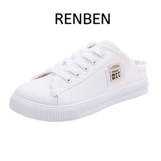 RENBEN ใหม่ รองเท้าผ้าใบหุ้มข้อสีขาวระบายอากาศได้ดีและทนต่อการสึกหรอ