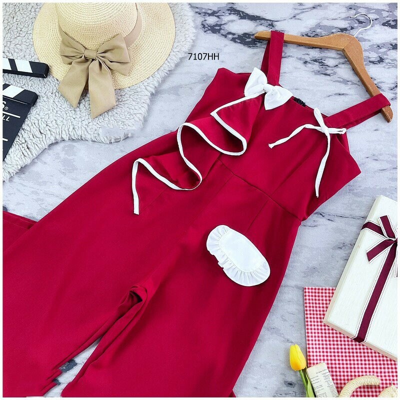 จั๊มสูทขายาวสีแดง-ระบายอก-ชุดแฟชั่น