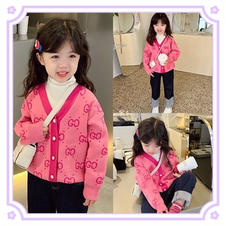 เสื้อคาร์ดิแกนถักใหม่ของสาวๆ     เสื้อแจ็คเก็ตสเวตเตอร์แขนยาวสีตัดกันแบบลำลองสำหรับเด็กผู้หญิงสไตล์เกาหลี