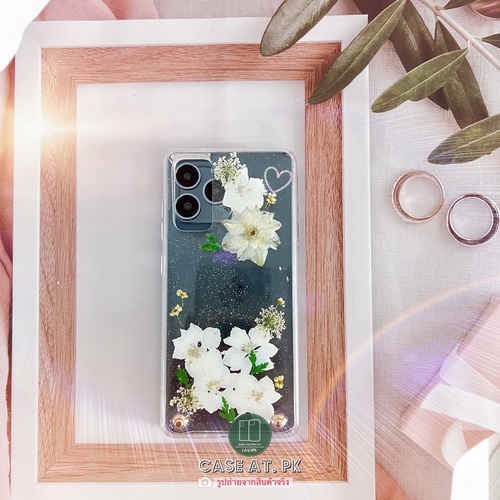 เคสดอกไม้-โทนสีขาว-ดอกเดลฟินเนียม-ใส่ชื่อ-รูป-i13-pro-max-s22-ultra-note20-a53-a73-reno7-v23-เคสกันกระแทก