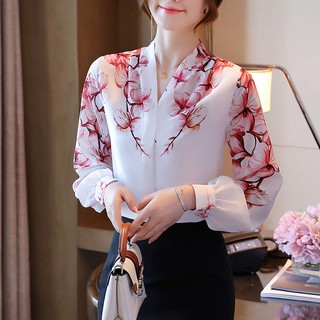 เสื้อเชิ้ตแขนยาวพิมพ์ลายดอกไม้สไตล์เกาหลีสําหรับผู้หญิง