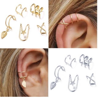 สินค้า หูฟังแฟชั่นสีทองหู Cuffs Leaf ต่างหูสำหรับผู้หญิง Climbers ไม่มีเจาะต่างหูกระดูกอ่อนปลอม 5 ชิ้น / เซ็ต Earrings Cuffs Earrings Set Earrings Silver Earrings
