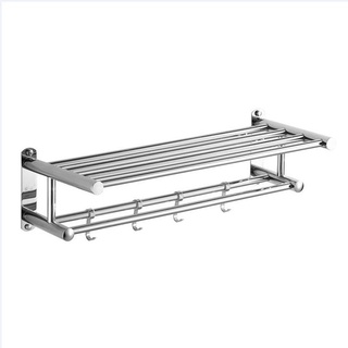 ชั้นStainiess steel 304 วางผ้าขนหนูและราวแขวนยาว 60 ซม.พับได้พร้อมตะขอแขวน 5 ตัว (0444)