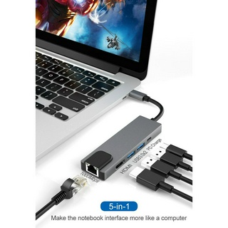 5 in 1 ฮับ USB HDMI 4K USB 3.0 หลายช่อง พร้อมตัวอ่านอีเธอร์เน็ต PD Gigabit สําหรับอะแดปเตอร์ PC Type C