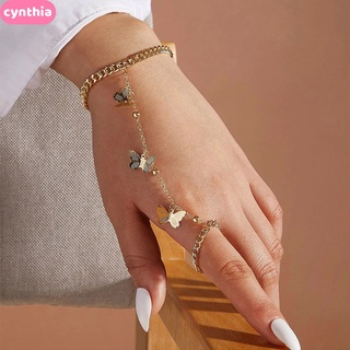 INS niche Design สร้อยข้อมือผู้หญิงผีเสื้อจี้เชนลิงค์สร้อยข้อมือนิ้วเทรนด์โลหะมือโซ่หลังเครื่องประดับหลายชั้น cynthia