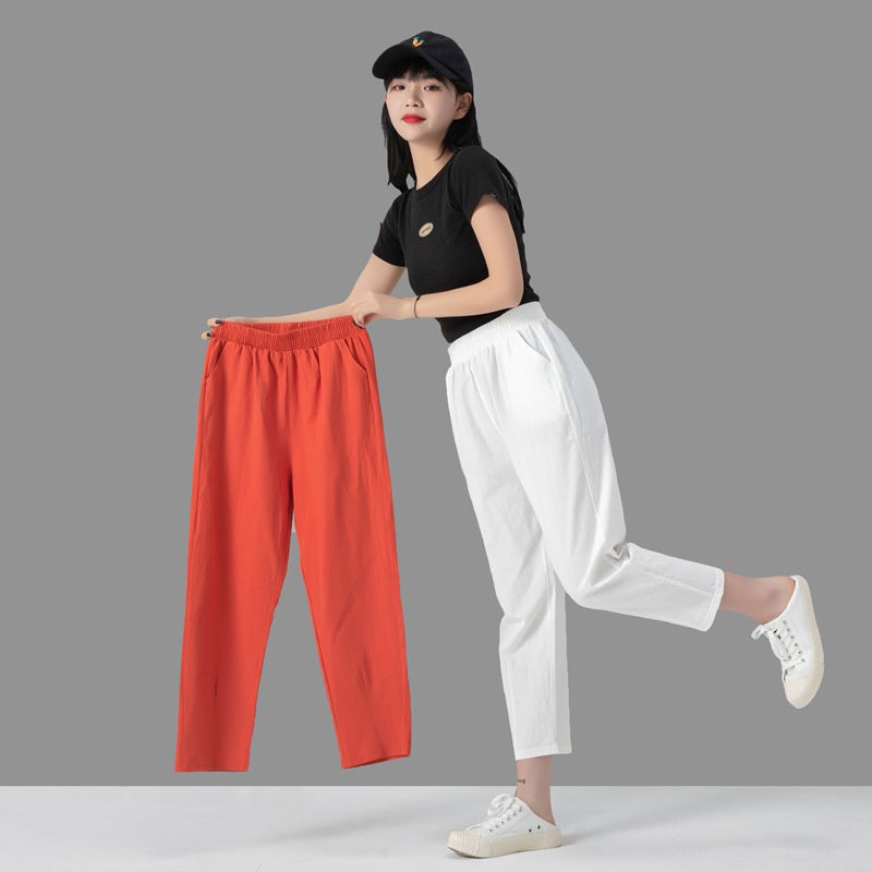 ภาพหน้าปกสินค้าพร้อมส่งกางเกงขายาวผู้หญิงไซส์ใหญ่กางเกงขายาว8ส่วนผ้าฝ้ายเอวยังยืดใส่สบาย รุ่น-K-020