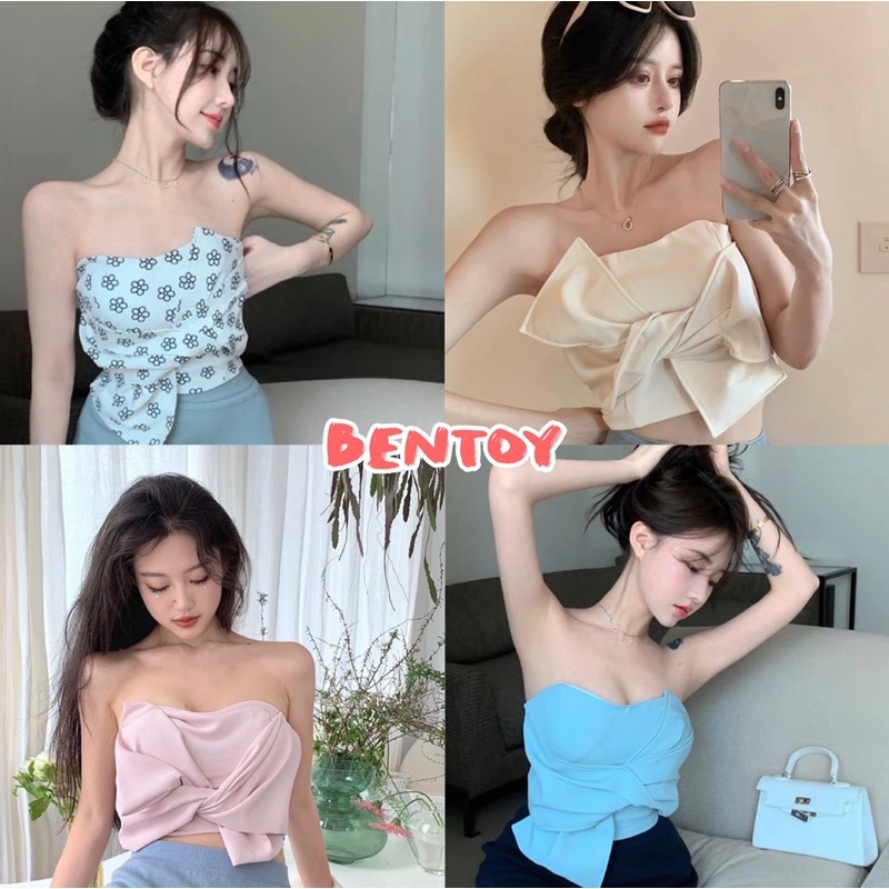 bentoy-1216-crop-top-เสื้อเกาะอก-ดีเทลผูกโบว์หน้า-ดูแพง-ปังๆ