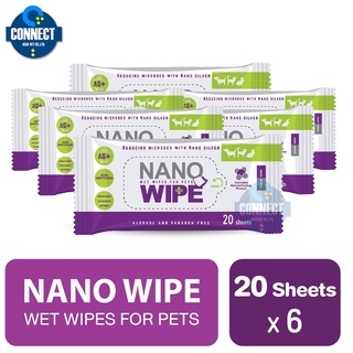 Nano Wipe ผ้าเปียกเช็ดตัว ทิชชู่เปียก สูตรนาโนซิลเวอร์ ฆ่าเชื้อโรค สำหรับสุนัข แมว กระต่าย (20 แผ่น/ แพ็ค) x 6 แพ็ค