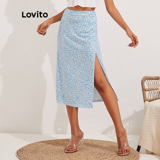 สินค้า Lovito กระโปรง พิมพ์ลายดอกไม้ แต่งผ่า ทรงเอวสูง สไตล์โบโฮ L13X005 (สีน้ำเงิน)