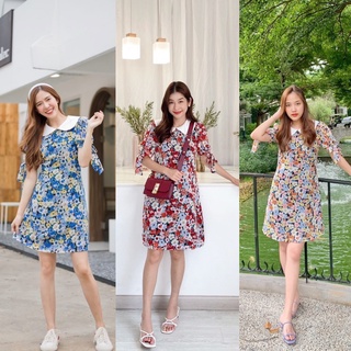 Cotton&amp;Co. - Dahlia garden dress เดรสผ้าชีฟองลายดอก คอบัว แขนผูกโบว์