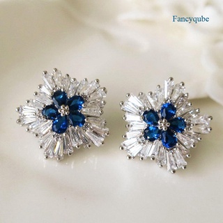 Fancyqube เครื่องประดับต่างหูสตั๊ดดอกไม้สีฟ้า / ขาว Cubic Zirconia