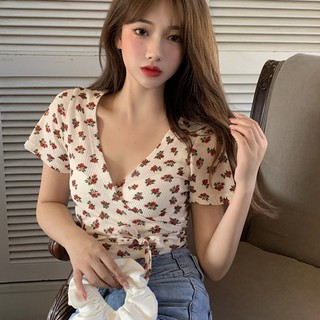 Floral Print Short Sleeve V Neck Lace Up Crop Top Sweet Slim Temperament Blouse