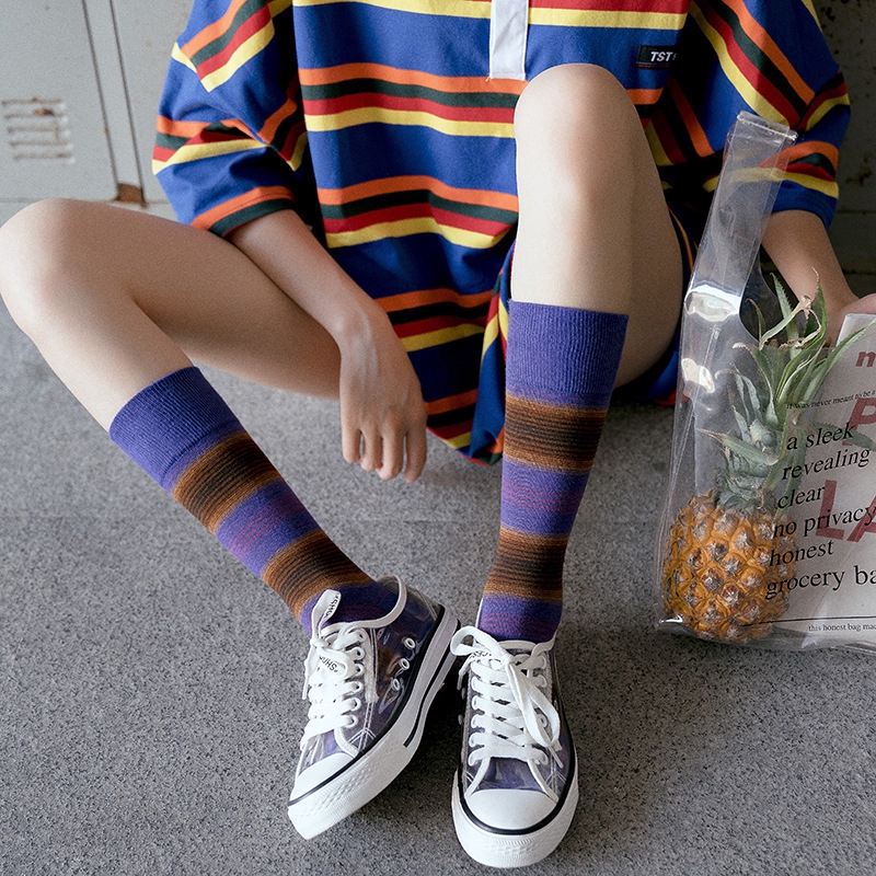 new-striped-calf-socks-women-cotton-autumn-colorful-college-style-warm-knee-socks