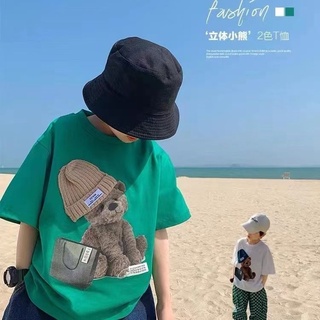 [Baile Little Forest] เสื้อยืดแขนสั้น ผ้าฝ้ายแท้ ทรงหลวม ลายหมี สามมิติ แฟชั่นฤดูร้อน สไตล์ฮ่องกง สําหรับเด็กผู้ชาย