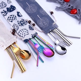 304 stainless steel cutlery 4pcs portable chopsticks spoon fork straw bag set