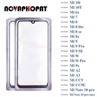 Novaphopat กระจกหน้าจอสัมผัส LCD ดิจิไทเซอร์ สีดํา สําหรับ Xiaomi Mi 10i 10T 6x 7 8 lite 8 SE 8x 9 9 pro 9 SE 9t pro 9x A2 A3 CC9 CC9E Note 10 pro Note 10 pro max แผงเลนส์ พร้อมฟิล์ม OCA