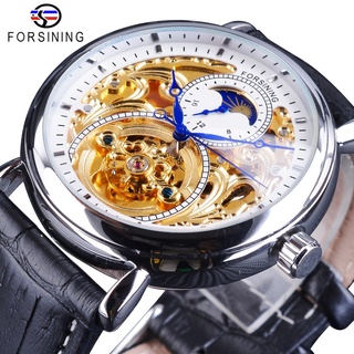 Forsining 2018 White Golden Open Work Watches Fashion Blue Hands Mens Automatic Watches Top Brand Luxury Black Genuine