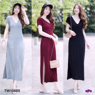 PE10885 Maxi Dress เดรสยาวคอวีสายไขว้หลัง ชายกระโปรงผ่าข้าง เนื้อผ้าเรยอนผ้ายืด