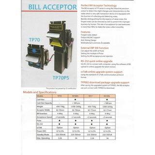 สินค้า TP77PB Bill Acceptor รุ่น TOP สุดมี ccTalk เครื่องรับธนบัตร รองรับการเชื่อมต่อแบบ Pulse / RS-232 / CCTALK / ICT protocol