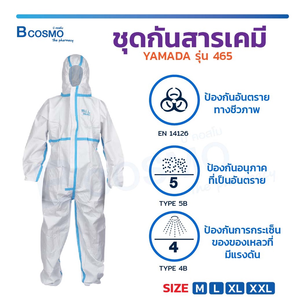 ชุดป้องกันสารเคมี-yamada-รุ่น465-ชุดppe-non-woven-ชุดหมี-ฮู้ดคลุมศีรษะ-ซิปหน้า-มาตรฐาน-en13034-05-bcosmo-the-pharmacy