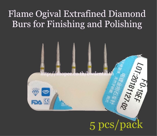 5-pieces-pack-diamond-burs-fo-15ef-g-fo-18ef-flame-ogival-tapered-end-for-high-speed-handpiece