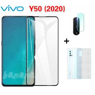 ( 3 In 1 ) Vivo Y50 2020 Y30 2020  Full Screen Tempered Glass Film +Camera lens film+Carbon Fiber Back Film