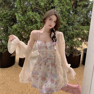 🔥Hot Sale /22413 Suit Womens 2022 New Sunscreen Cardigan + French Waist Temperament Floral Sling Dress ชุดทูพีซ