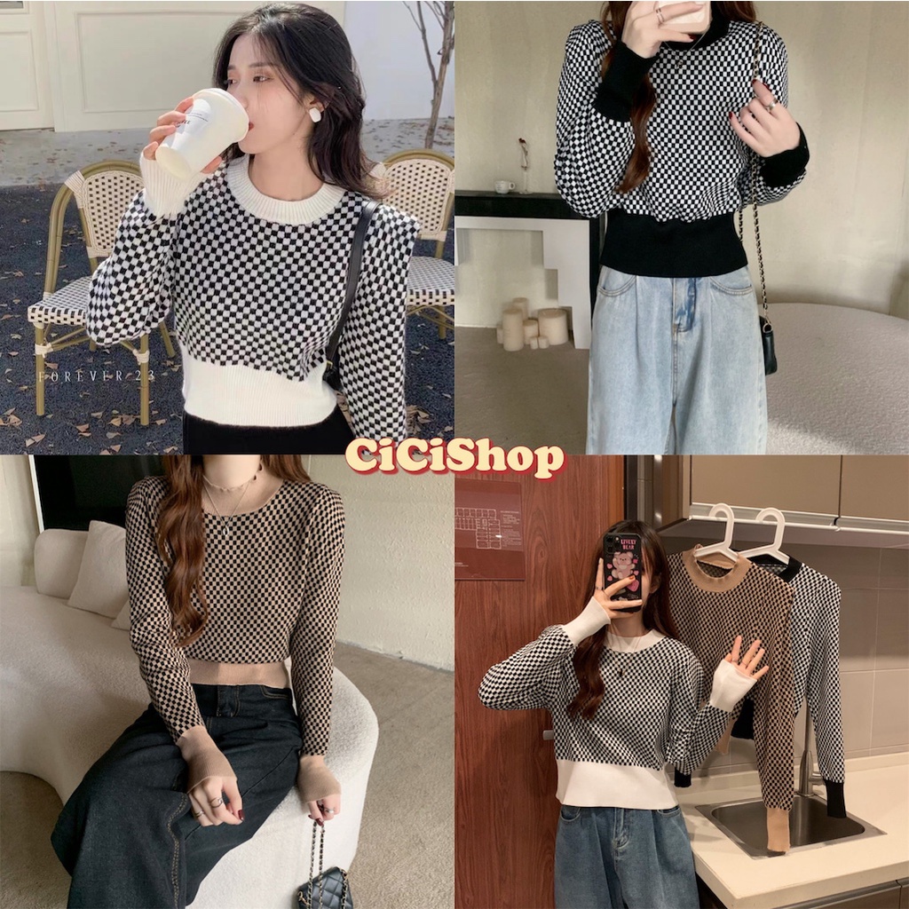 Cicishop(SALE/สุ่มสี 10037)เสื้อแขนยาวไหมพรมknit ทอลายตารางเล็กแบบฮิปส ...