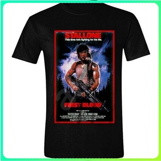 เสื้อยืดผ้าฝ้ายพิมพ์ลายคลาสสิกเสื้อยืดคอกลม แขนสั้น พิมพ์ลายโปสเตอร์ John Rambo First Blood Stallone ทรงหลวม สําหรับผู้ช