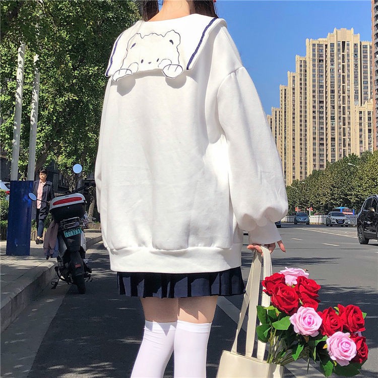 เสื้อกันหนาว-hot-sale-ญี่ปุ่น-หมีน้อย-ฤดูใบไม้ร่วงและฤดูหนาว-การลดอายุ-สาว-น่ารัก-หวาน-กองทัพเรือ-ปก-หลวม-เสื้อแจ็กเกต