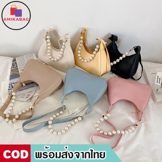 AMIKABAG(MK1755) กระเป๋าผ้าสะพายไหล่FASHION&amp;BAGSตกแต่งด้วยไข่มุก