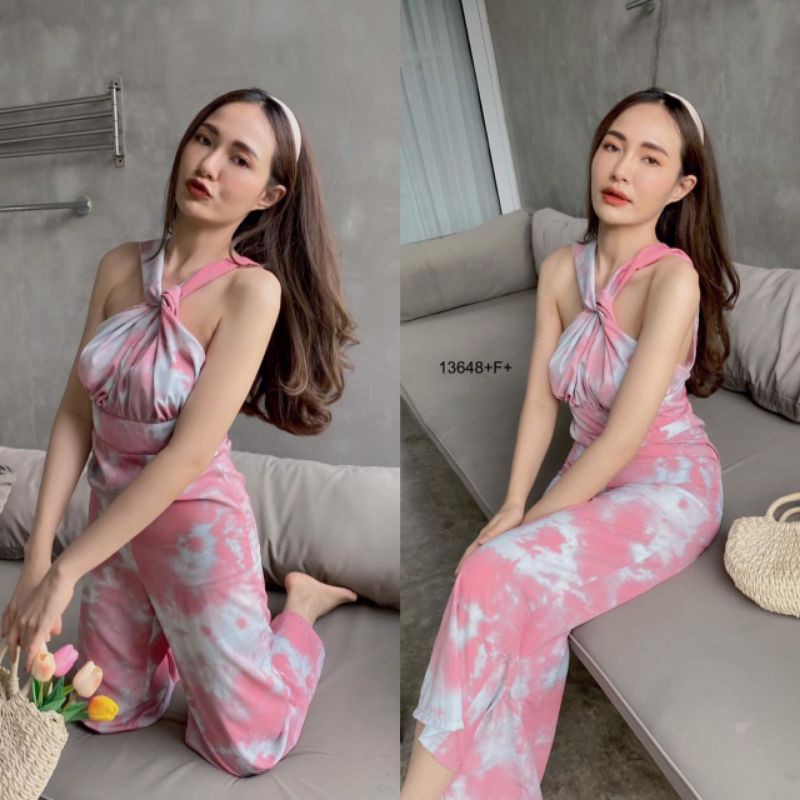 tw13648jumpsuit-จั้มสูทขายาว-สายหน้าอกไขว้-ลายมัดย้อม-เนื้อผ้าไหมอิตาลี่-เบา-ใส่สบาย-งานสวย-ขายดีสุดๆ-จองด่วนๆค่า