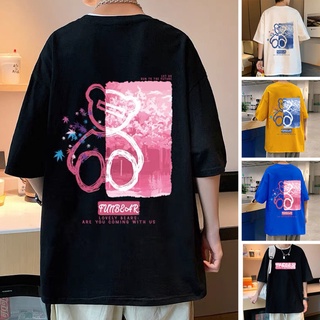 【ขายดี】เสื้อยืดคอกลม แขนสั้น พิมพ์ลายการ์ตูนหมี ทรงหลวม สไตล์สตรีท สําหรับผู้ชาย