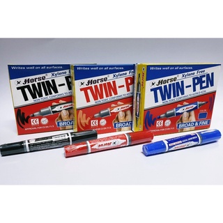 ปากกาเคมี 2 หัว ตราม้า รุ่น TWIN-PEN (แพ็ค 12 แท่ง) ปากกามาร์คเกอร์ ลบไม่ได้ Permanent Marker Pen หมึกกันน้ำ