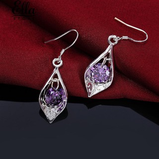 Silver Plated Purple Zircon Charm ลดลง Dangle Earrings เครื่องประดับสุภาพสตรี