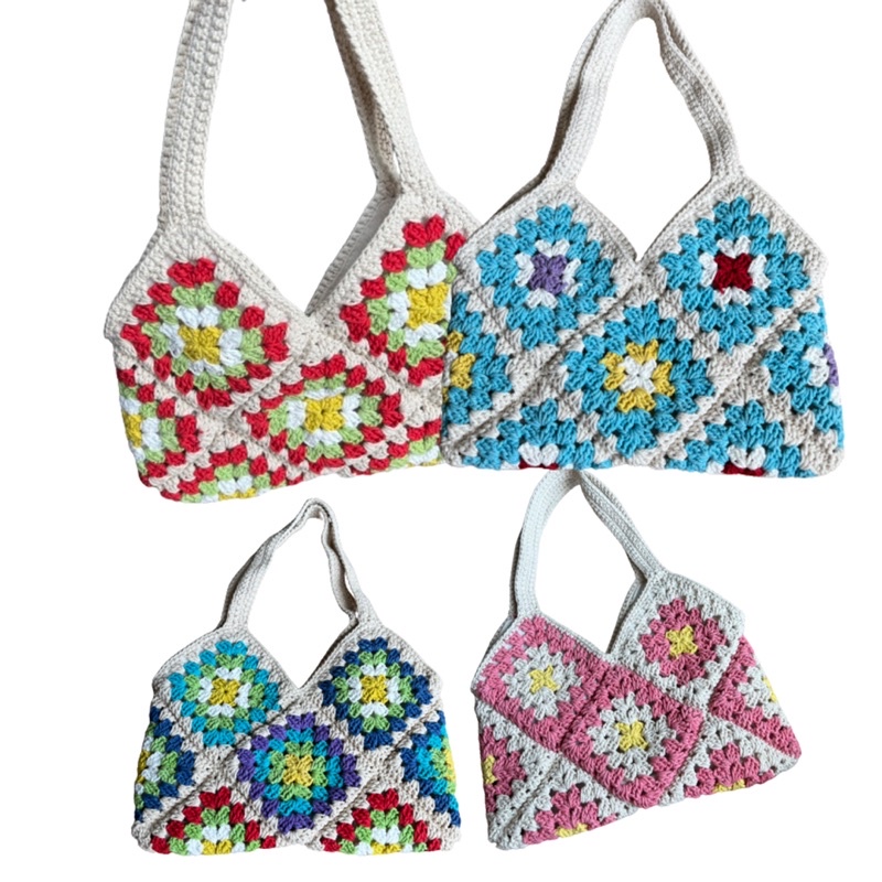 กระเป๋าถักต่อดอก-รุ่นมินิมอล-สไตล์เกาหลี-สีสด-ใบเล็กพกพา-กระเป๋าถักสะพายเชือกฟอก-กระเป๋าแฮนด์เมด-งานถักด้วยมือ