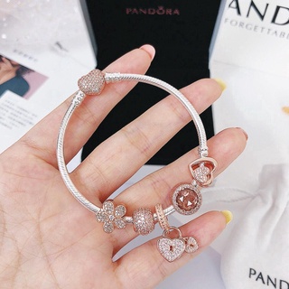 Pandora สร้อยข้อมือเงินแท้ 925 จี้รูปหัวใจ สีชมพู พร้อมกล่องของขวัญวันเกิด kljl0563