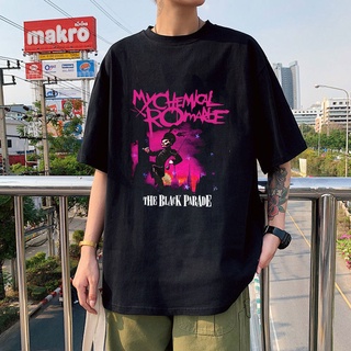 เสื้อยืดอินเทรนด์ผู้ชายอินเทรนด์ผู้หญิงเสื้อยืดแขนสั้นลําลอง ผ้าฝ้าย 100% ทรงหลวม ลาย My Chemical Romance สีดํา สไตล์พัง