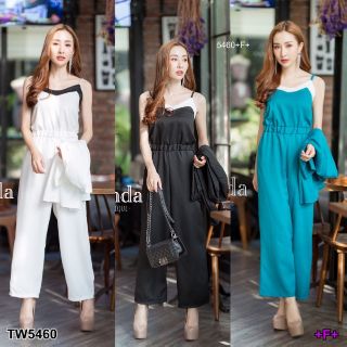 &lt;TW5460&gt;Set2ชิ้น ชุดเซท จั้มสูทตัดขอบสี เอวสม้อค มาพร้อมเสื้อคลุม