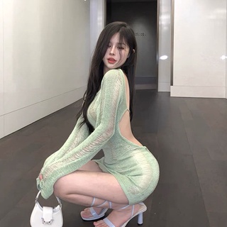 🍑เดรสผ้าถัก เขียว แขนยาว เปิดหลัง เซ็กซี่สุดๆ